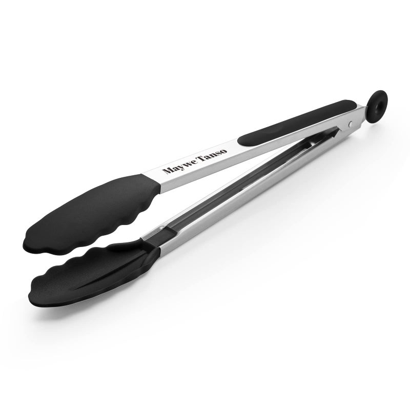 Maywe Tanso 600? Heat Resistant Kitchen Tongs for Cooking with Silicone Tips Maywe Tanso 12-Inch Stainless Steel Locking Cooking Tongs Food Tongs for BBQ Cooking Salad and Serving Food Heavy Duty Non-Stick Black - Image 1